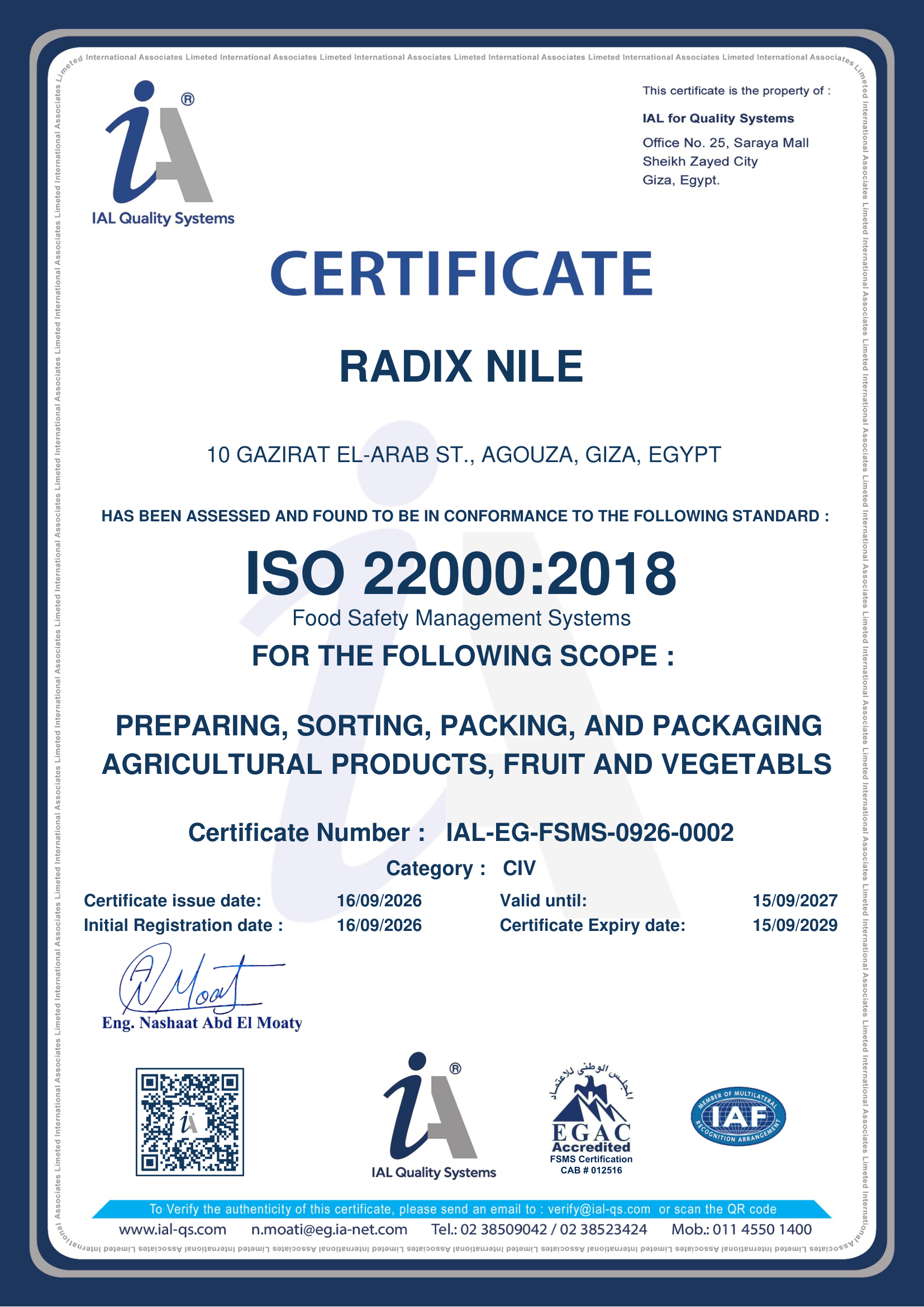 Certificado ISO 22000:2018 emitido a RadixNile por IAL Quality Systems, válido hasta el 15 de septiembre de 2027