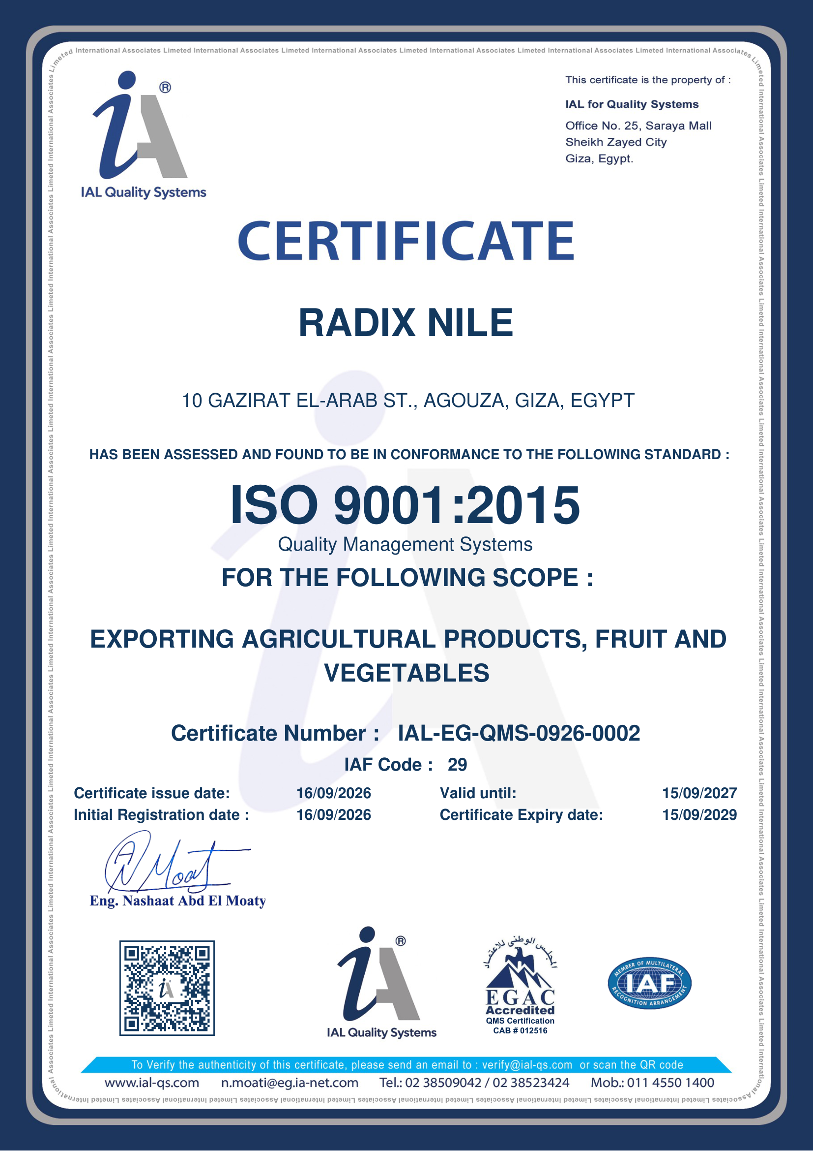 Certificado ISO 9001:2015 emitido a RadixNile por IAL Quality Systems, válido hasta el 15 de septiembre de 2027